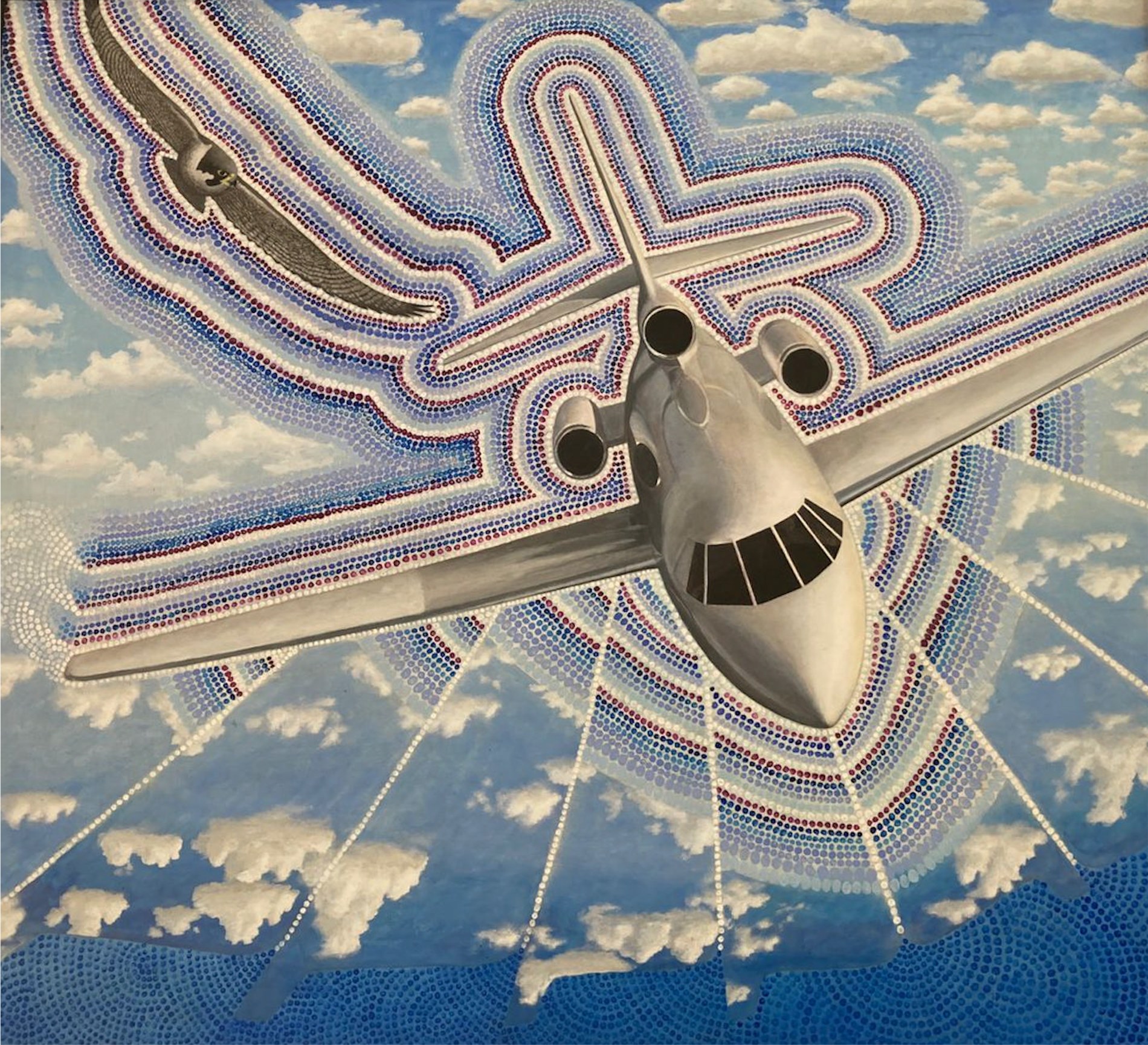 Original painting of an aircraft and a bird among sweeping abstract air currents