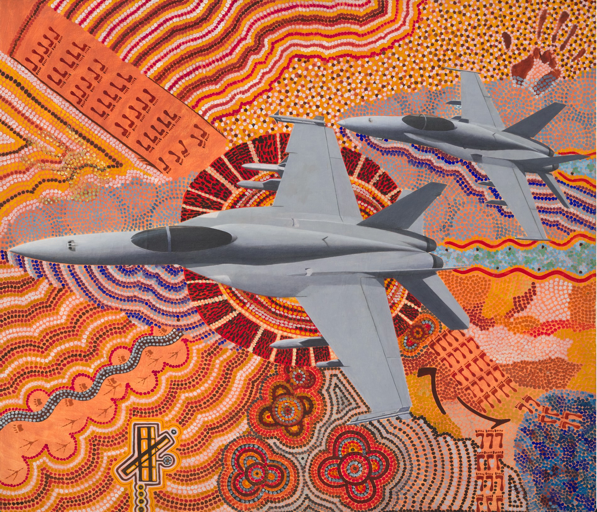 Desert Flight original fighter aircraft painting with vibrant orange dot patterns